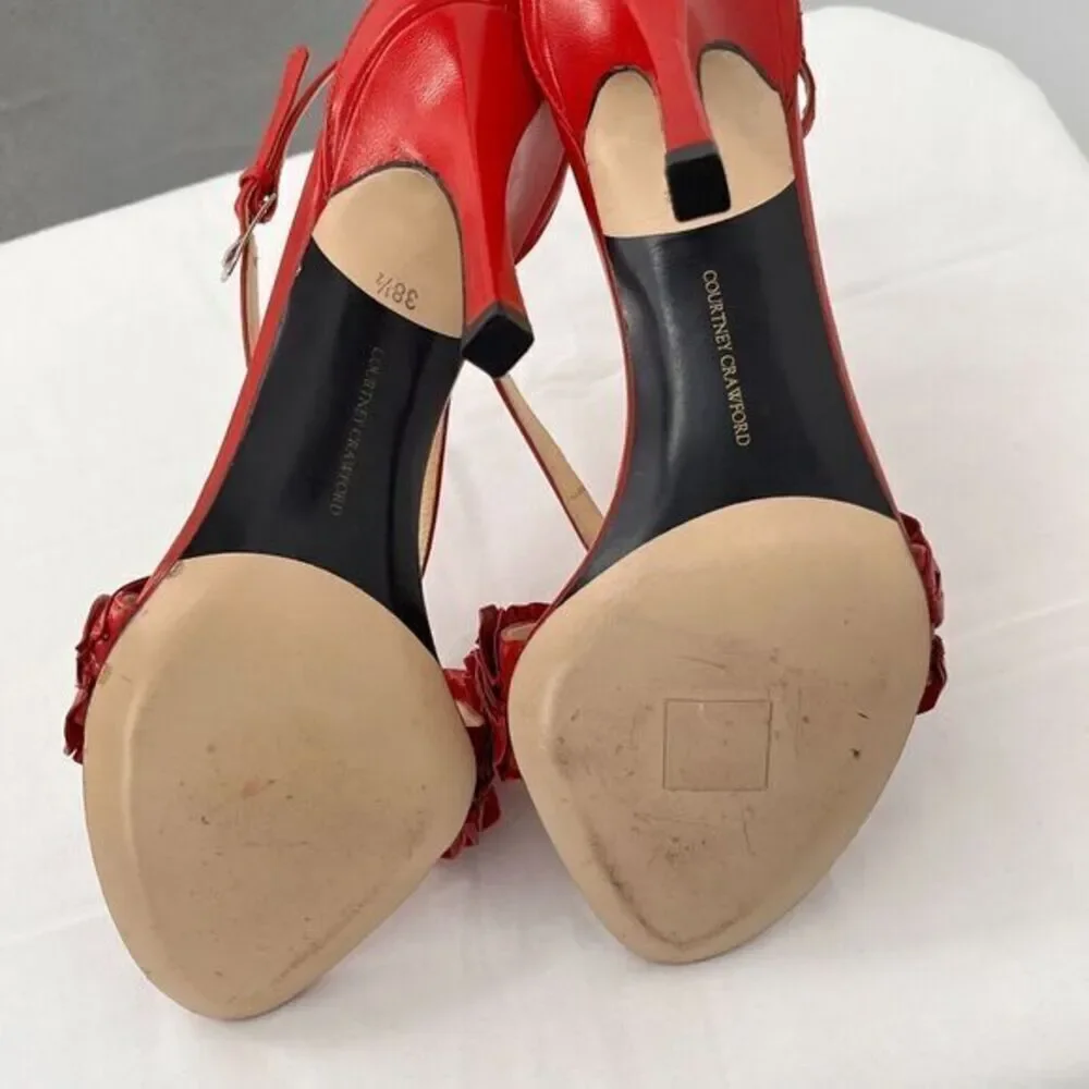 Courtney‎ Crawford Ruffle Leather Strappy Heels Sandals Red 38.5 (8) Made Italy